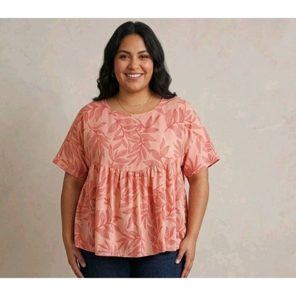 Easel Los Angeles Boho Babydoll Blouse 2X Pink Red Floral Leaf Print flowy New